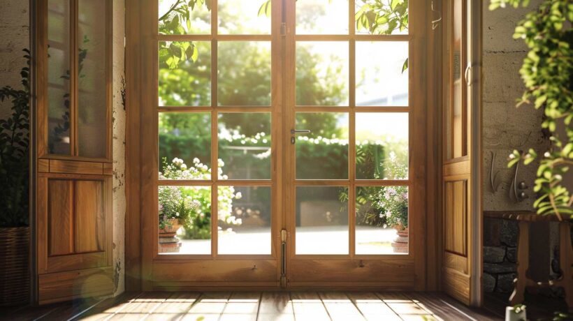 Photo d'une porte fenêtre en bois vernie, avec grain de bois visible, lumière naturelle traversant la porte. Une atmosphère paisible avec une vue sur un jardin.